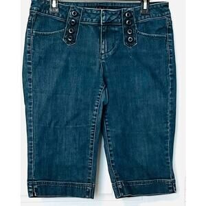 ELLE HIGH-RISE CAPRI JEANS, WOMENS, 8 (32 WAIST), DENIM BLUE-SLIGHTLY DISTRESSED